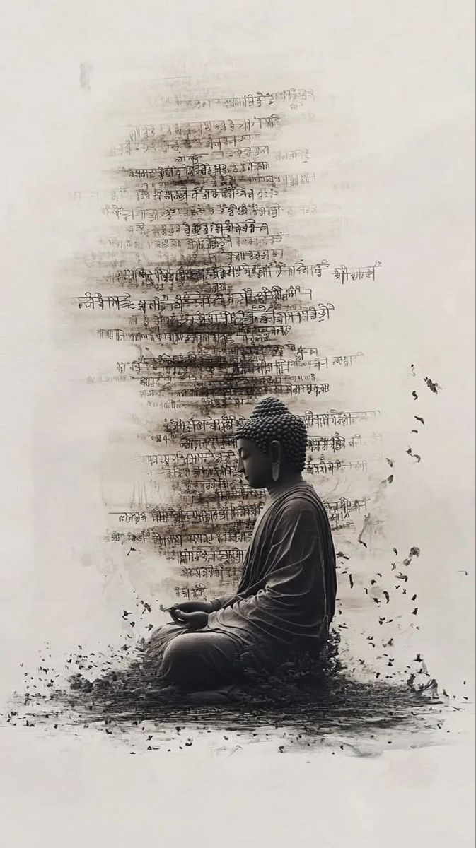 an ink-drawn Buddha dissolving into lines of handwritten script